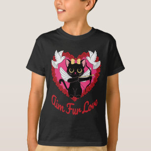 T-shirt Chat Kawaii Noir Cupide Avec Coeur Et Fourrure De
