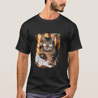 T-shirt Chat Kitty Drôle avec des Lunettes Lisant un Livre