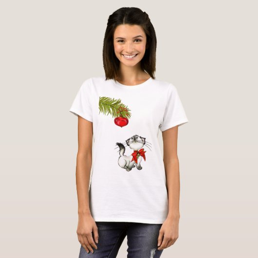T-shirt Chat Kitty En Jeu Dans Une Bow De Noël Rouge (Devant entier)