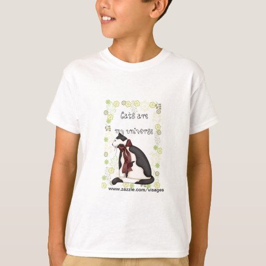 T-shirt Chat Kitty noir et blanc avec fleurs pour filles (Devant)