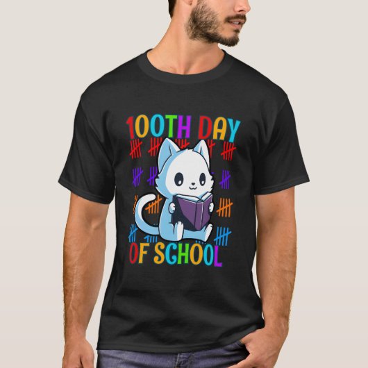 T-shirt Chat lisant le 100e jour d'école (Devant)