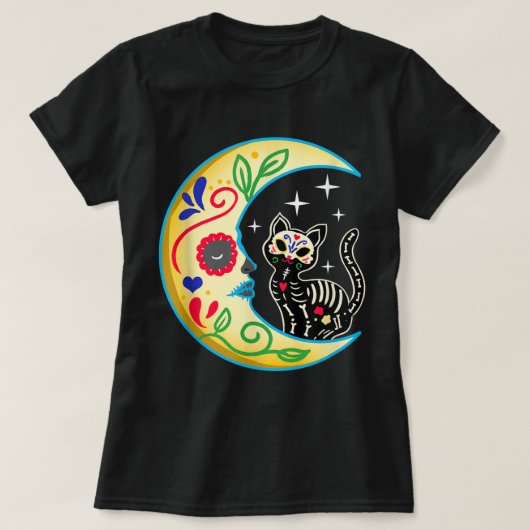 T-shirt Chat & Lune Crâne à sucre Dia de Los Muertos, Jour (Design devant)