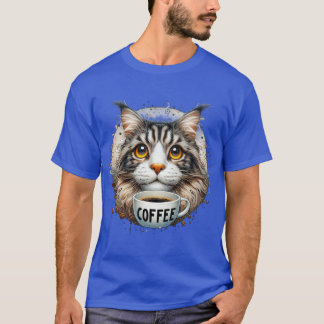 T-shirt Chat Maine Coon buvant du café