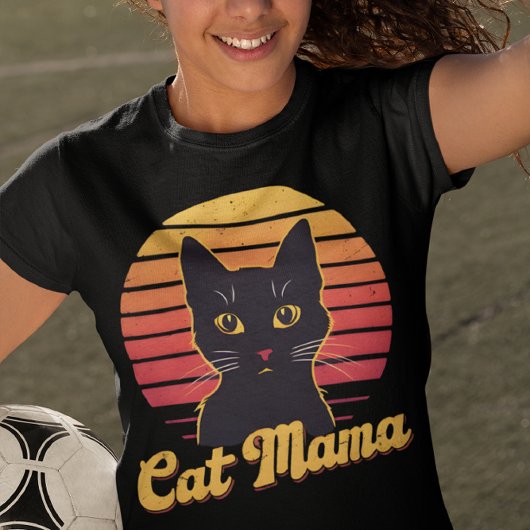 T-shirt Chat Mama Retro Sunset Silhouette d'un chat noir