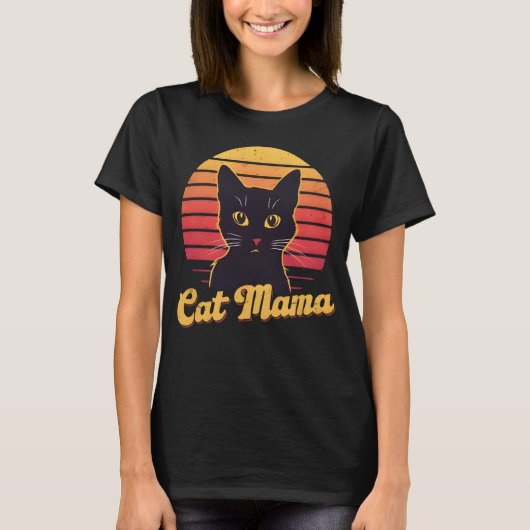 T-shirt Chat Mama Retro Sunset Silhouette d'un chat noir (Devant)