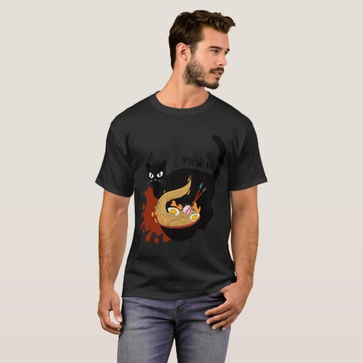 T-shirt Chat Mange Ramen. Crazy Hunt Black Chat de l'enfer (Devant entier)