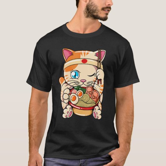T-shirt Chat mangeant des ramen Baka Japonais (Devant)