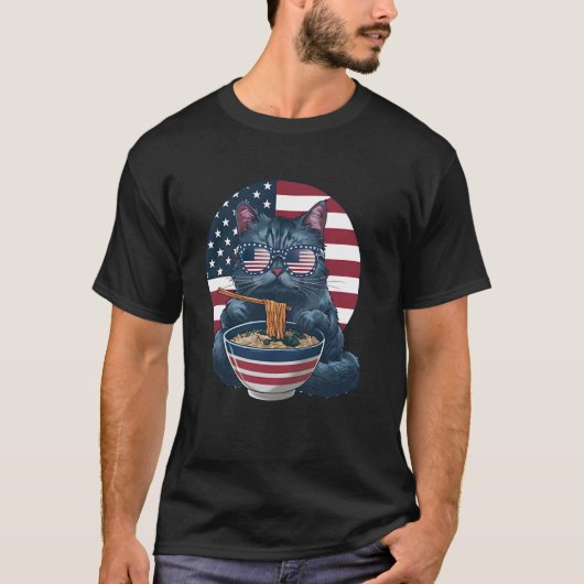T-shirt Chat Mangeant Des Ramen Drôle Chat Lunettes De Sol (Devant)