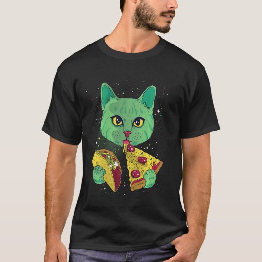 T-shirt Chat Manger Pizza et Taco dans l'espace Drôle Chat (Devant)
