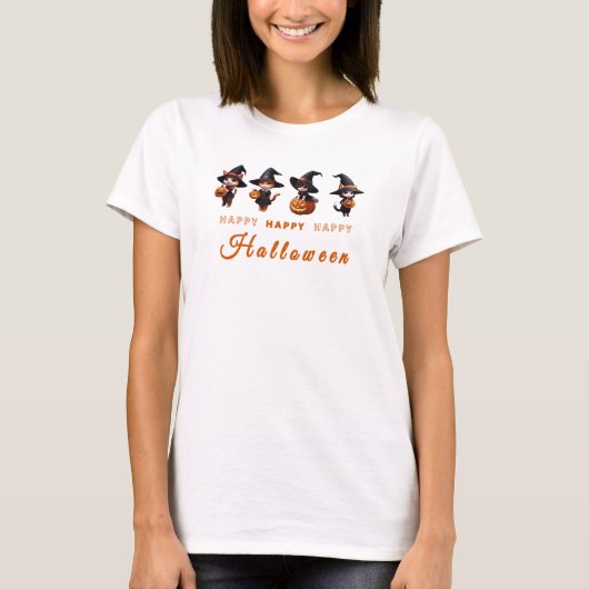 T-shirt Chat mignon avec Citrouille Halloween heureux (Devant)