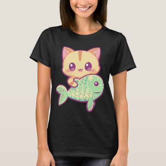 T-shirt Chat mignon avec du poisson (Devant)