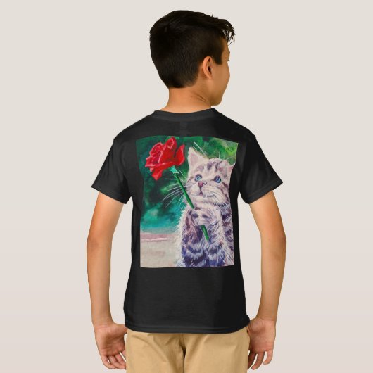 T-shirt Chat mignon avec fleur rouge (Dos entier)