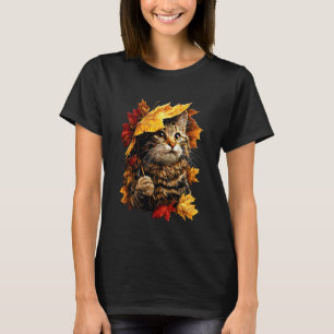 T-shirt Chat mignon avec parapluie de feuilles d'automne,