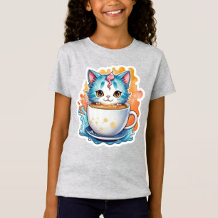T-Shirt Chat Mignon Avec Tasse à Café Dessin de Style Cart