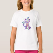T-shirt Chat mignon blanc violet avec oiseaux (Devant)