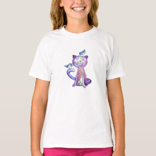 T-shirt Chat mignon blanc violet avec oiseaux