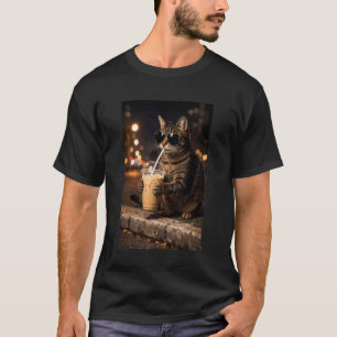T-shirt Chat Mignon Buvant du Café Glacé Scène de Nuit Man