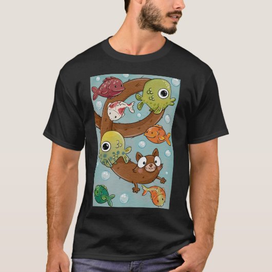 T-shirt Chat mignon et extensible nageant avec des poisson (Devant)