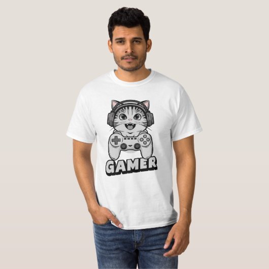 T-shirt Chat mignon et manette de jeu vidèo (Devant entier)