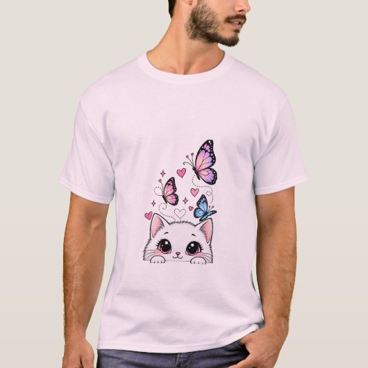 T-Shirt Chat Mignon et Papillon (Devant)