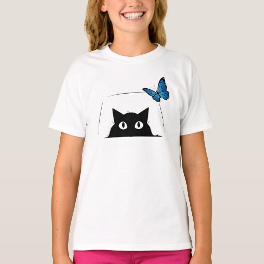T-shirt Chat mignon et papillon bleu (Devant)