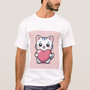 T-shirt Chat Mignon Kawaii Enlaçant un Gros Cœur Rose Auto