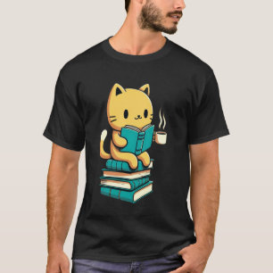 T-shirt Chat Mignon Lisant Un Livre Et Buvant Du Café Grap