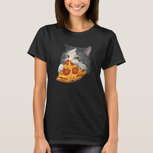 T-shirt Chat mignon mange pizza (Devant)