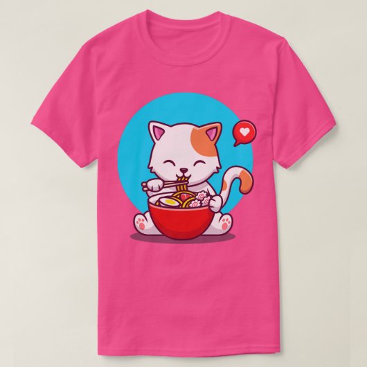 T-shirt Chat mignon mangeant des nouilles avec des baguett (Design devant)