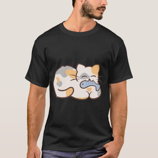 T-shirt chat mignon mangeant du poisson (Devant)