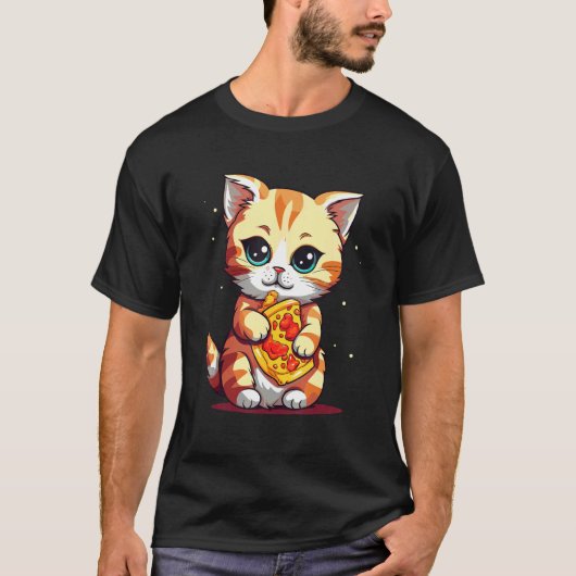 T-shirt Chat mignon mangeant une pizza (Devant)