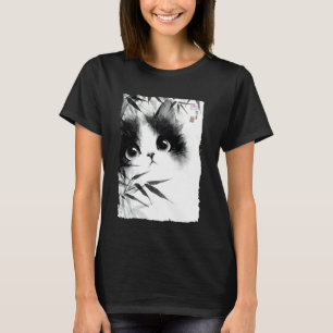 T-shirt Chat Mignon Regardant à Travers le Bambou Art Japo
