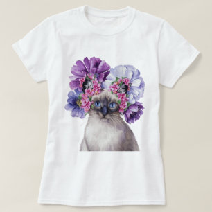 T-shirt Chat mignonne avec aquarelle à couronne de fleurs