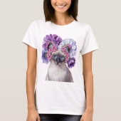 T-shirt Chat mignonne avec aquarelle à couronne de fleurs (Devant)