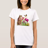 T-shirt Chat mignonne en Jardin Fleur avec Papillon (Devant)
