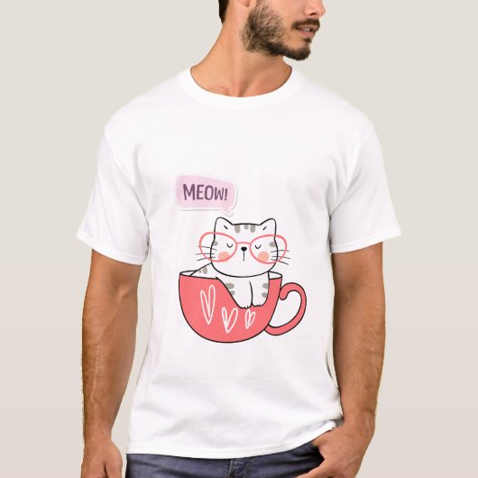 T-shirt chat miow dans une tasse (Devant)