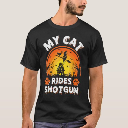 T-shirt Chat monte Sorcière Fusil de chasse   Chat Hallowe (Devant)