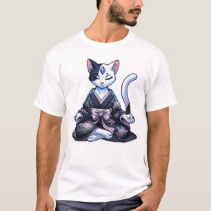 T-shirt Chat Mystique en Méditation dans un Kimono Floral