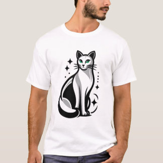 T-shirt Chat mystique noir et blanc aux yeux verts