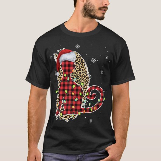T-shirt Chat Noël Leopard Buffalo Plaid Red Santa Chapeau (Devant)