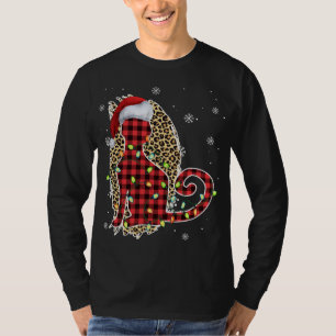 T-shirt Chat Noël Leopard Buffalo Plaid Red Santa Chapeau