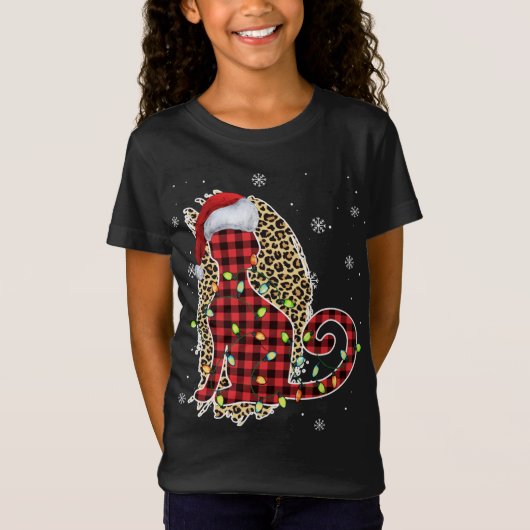 T-Shirt Chat Noël Leopard Buffalo Plaid Red Santa Chapeau (Devant)