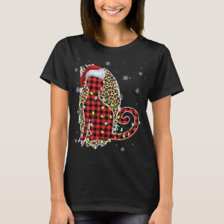 T-shirt Chat Noël Leopard Buffalo Plaid Red Santa Chapeau