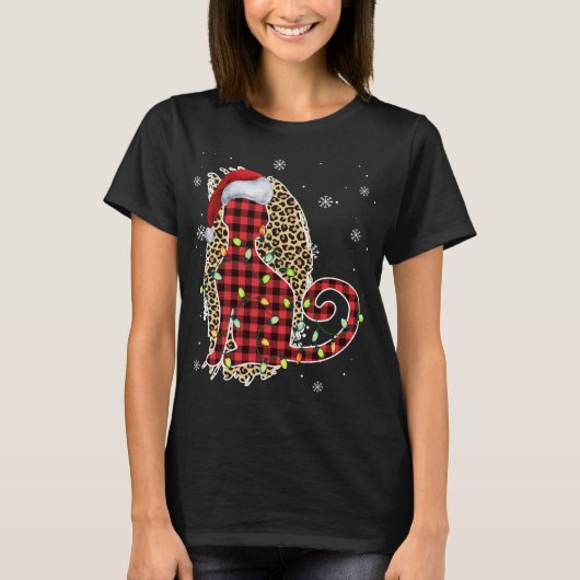 T-shirt Chat Noël Leopard Buffalo Plaid Red Santa Chapeau (Devant)
