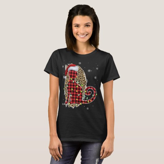 T-shirt Chat Noël Leopard Buffalo Plaid Red Santa Chapeau (Devant entier)
