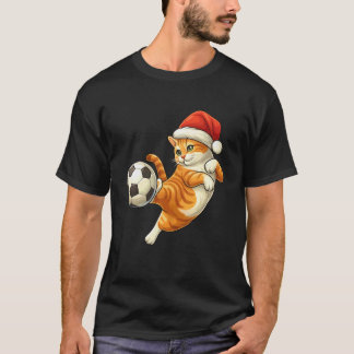 T-shirt Chat Noël Santa Jouant au Football Drôle Kitty Xma