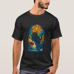 T-shirt Chat Noir à Cheval sur un Requin Vitrail