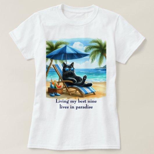 T-shirt Chat noir à la plage paradisiaque (Design devant)