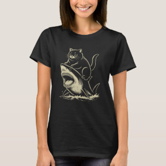 T-shirt Chat Noir à Vélo sur un Requin