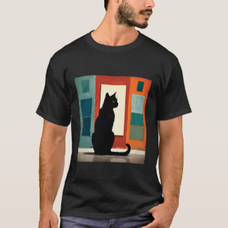 T-shirt Chat noir assis devant une image artistique 1 - 